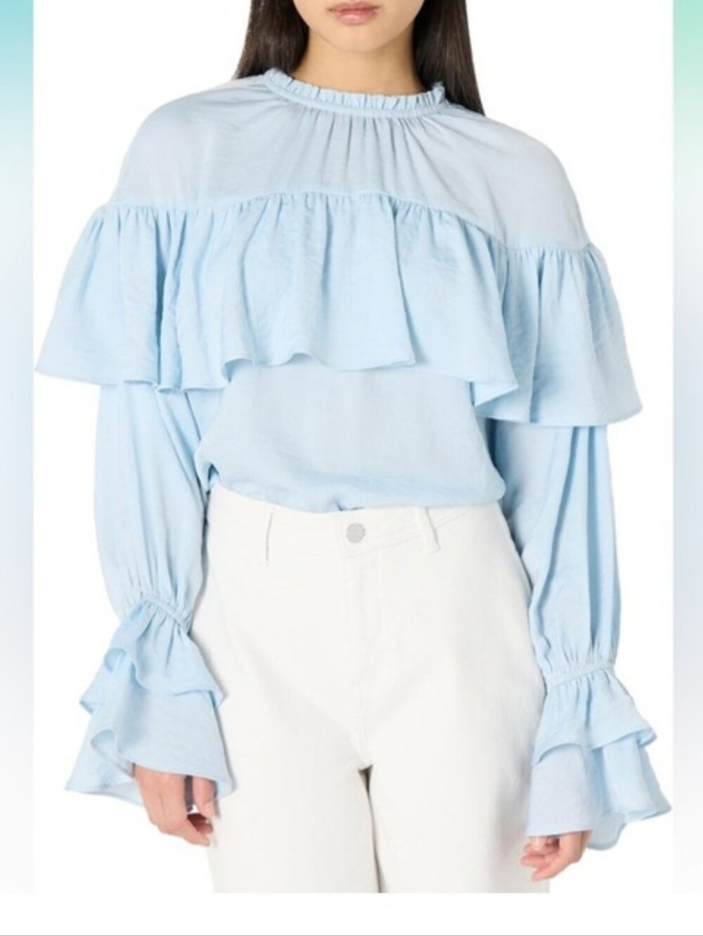 Light Blue Ruffled Long-Sleeve Blouse - Picture 3 of 7